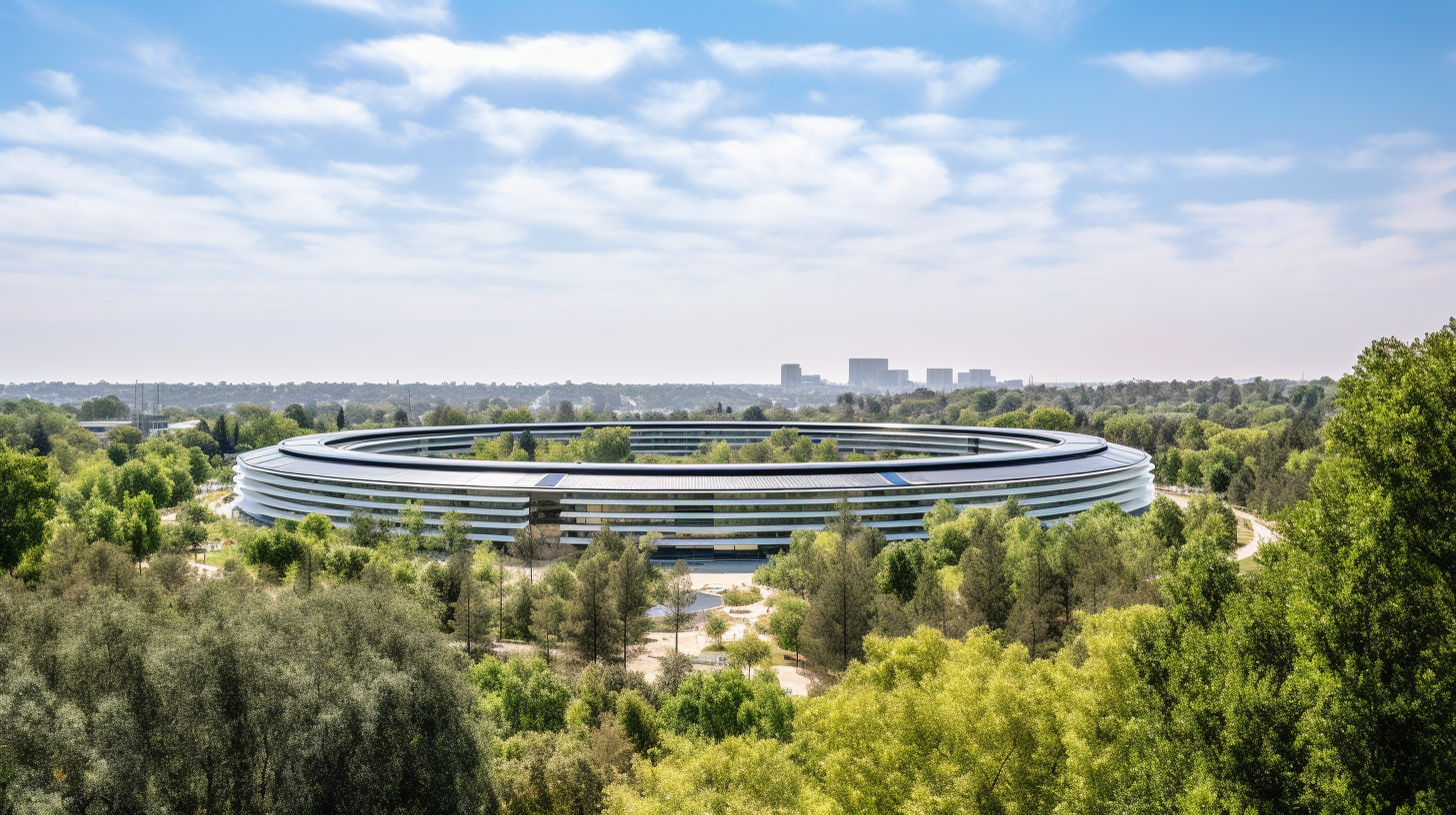 Wide-angle photo of Apple Park headquarters in Silicon Valley.