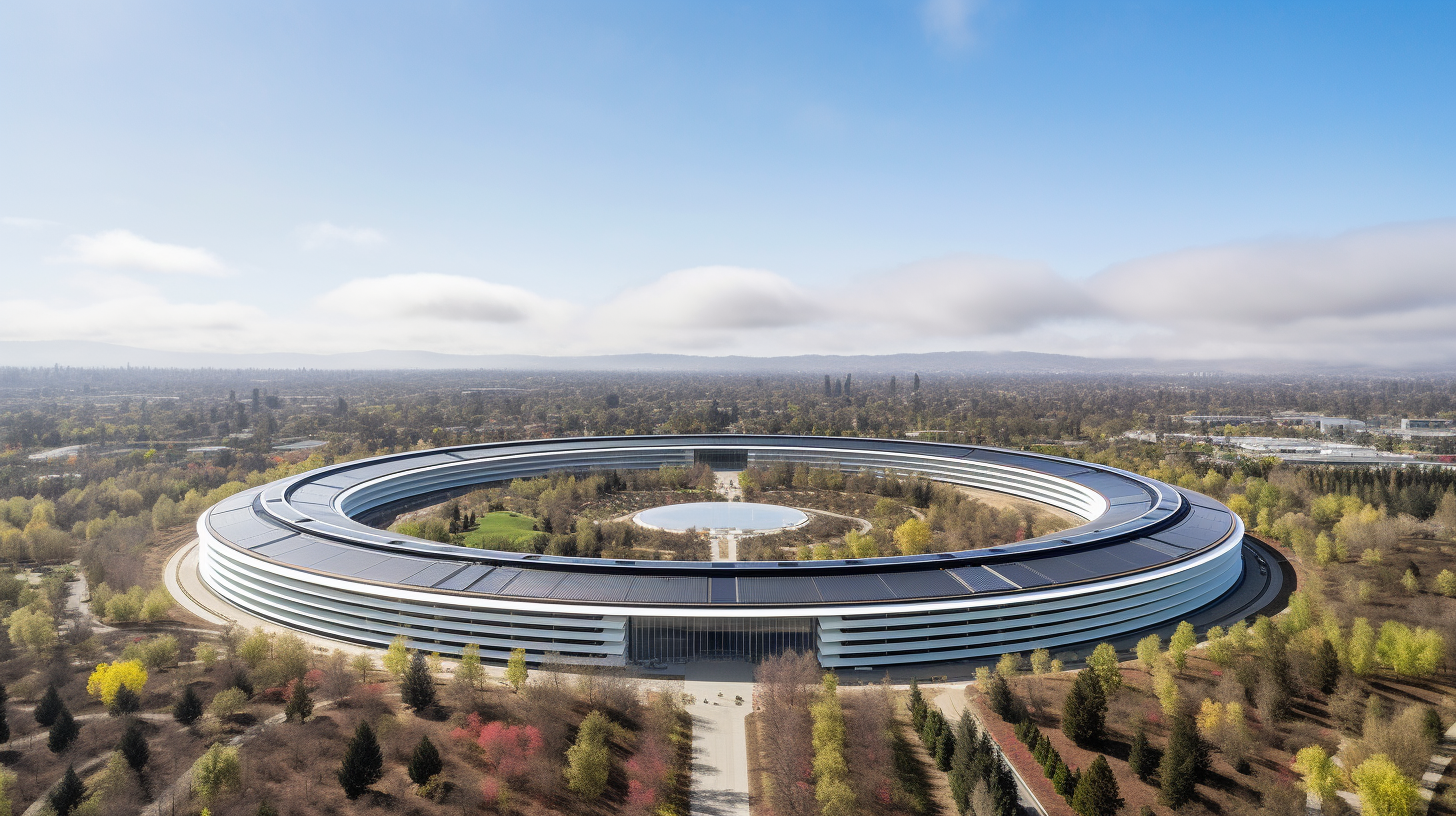 Wide-angle photo of Apple Park in Silicon Valley.