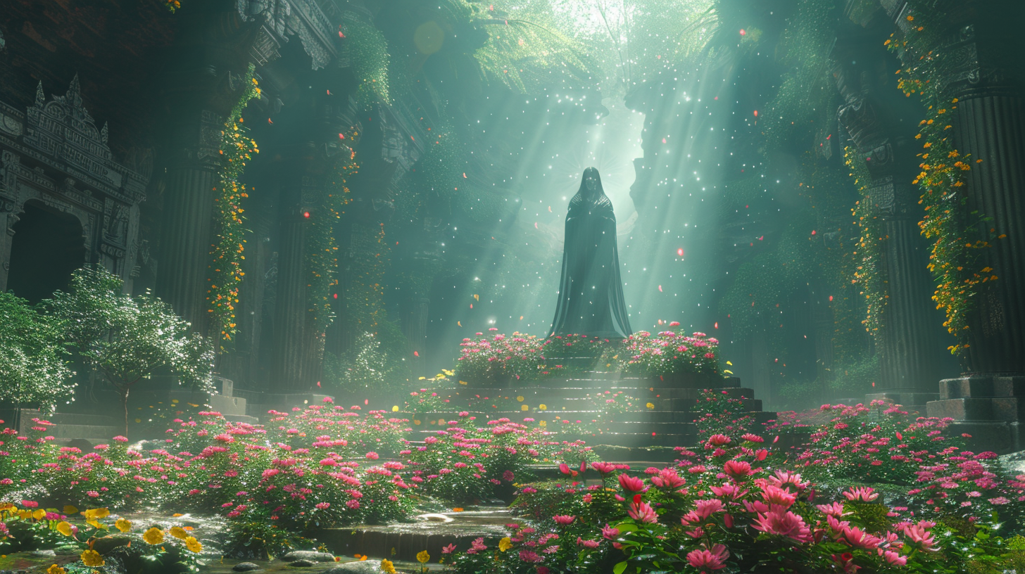 Wide shot archfey deity inside old fey garden.