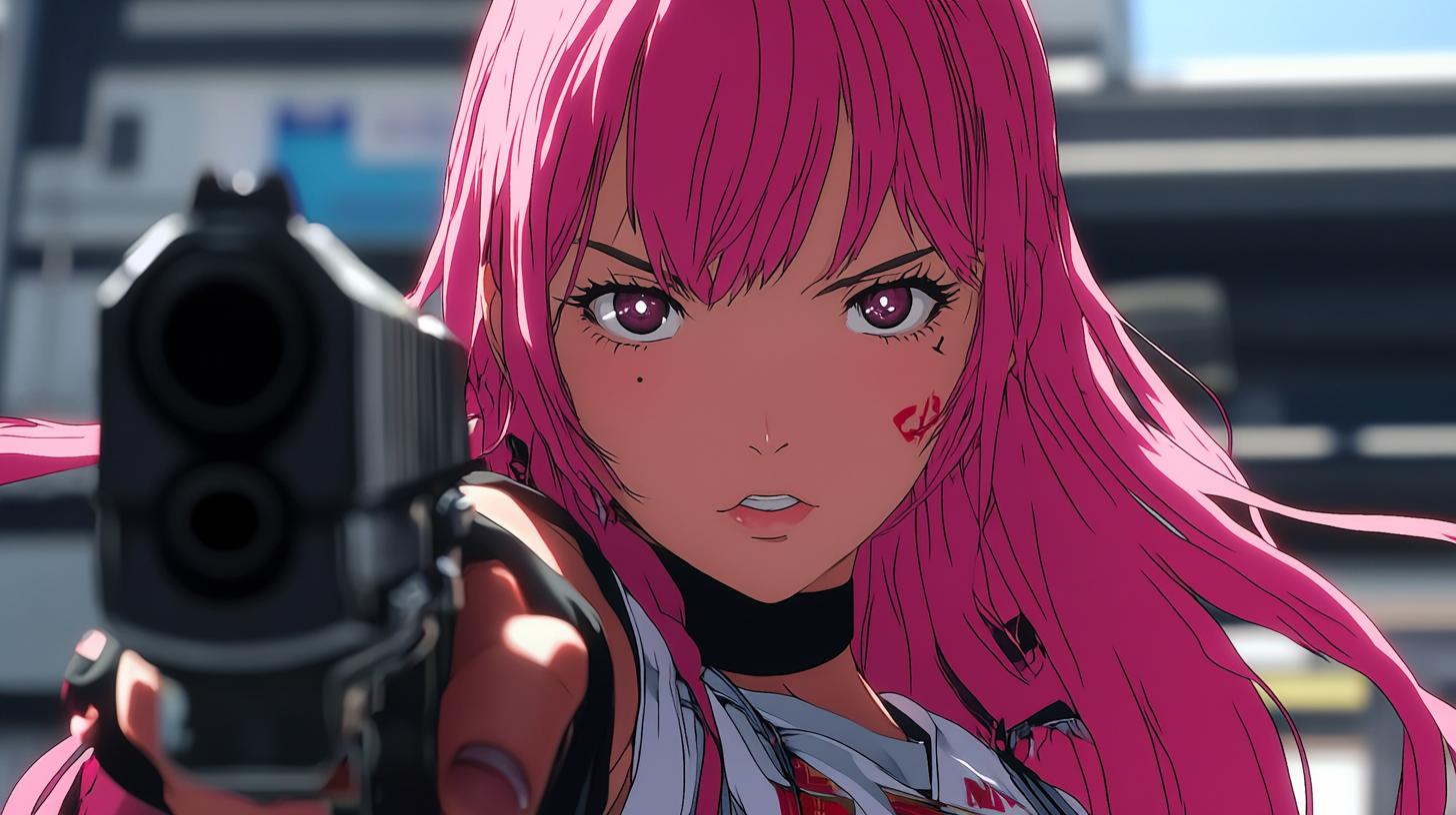 Wide shot beautiful Asian girl, pink hair, highlights, gun, anime style, fully visible.