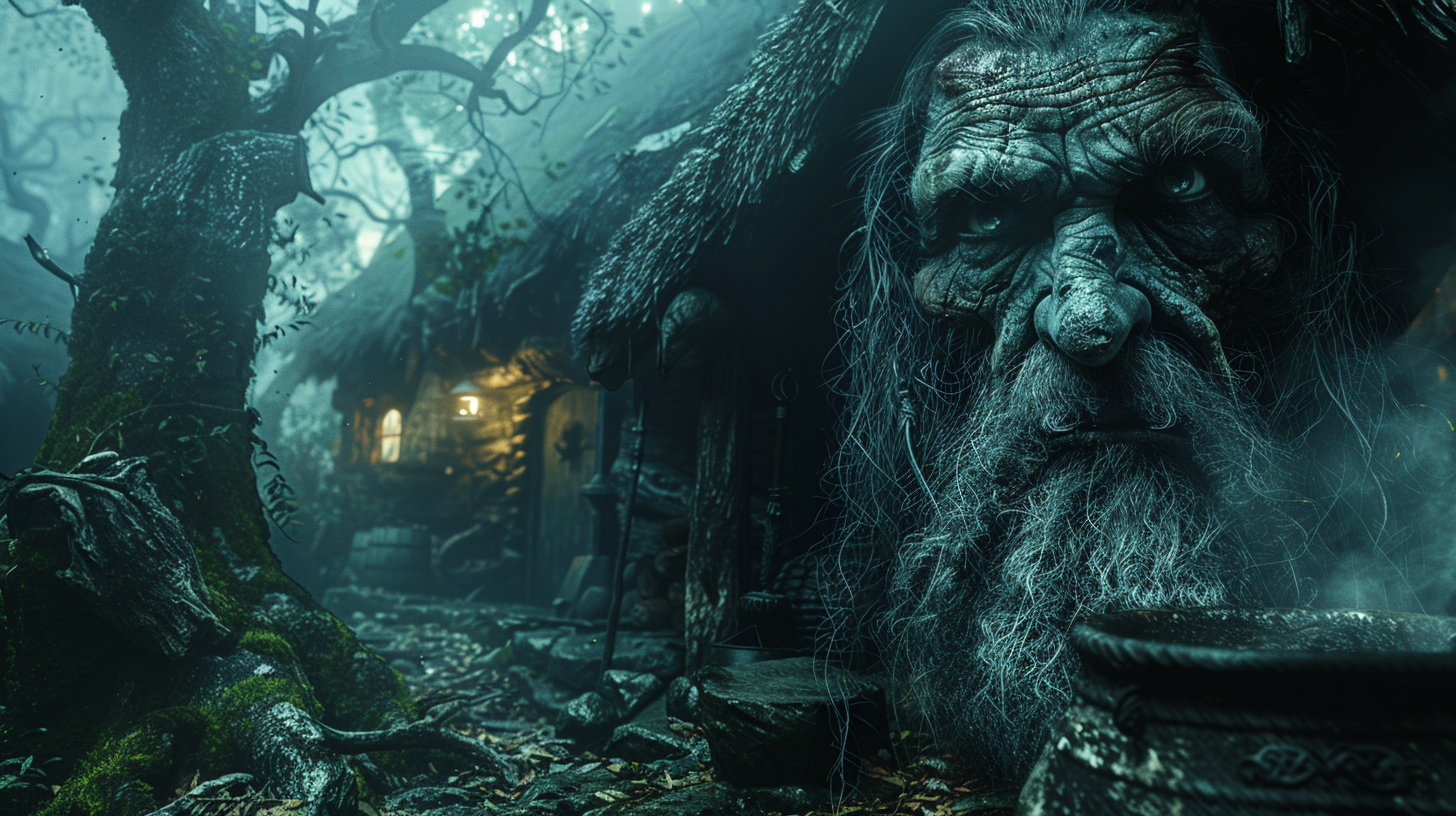 Wide shot of a terrifying hag in forest hut.