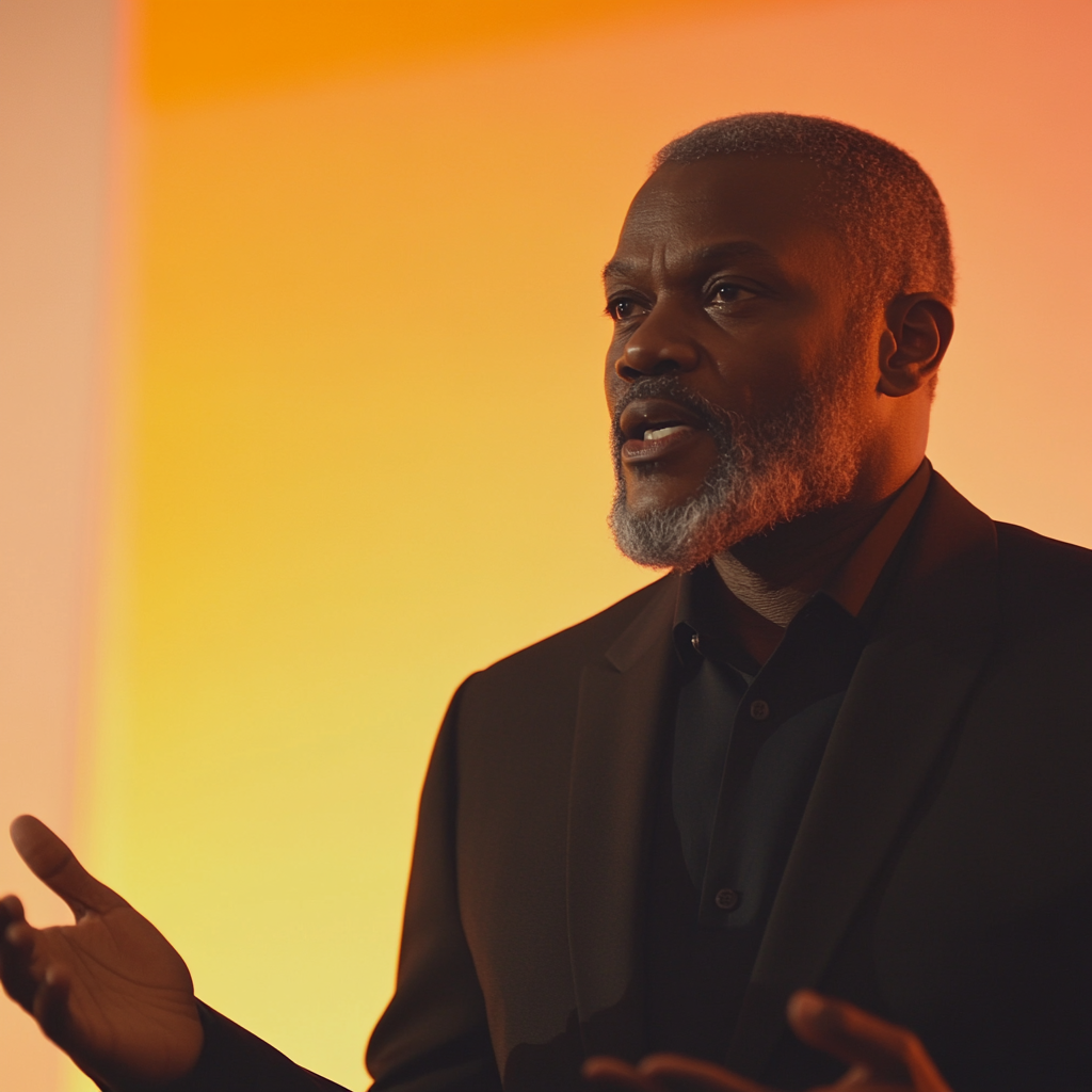 Wide shot of middle aged black man speaking.