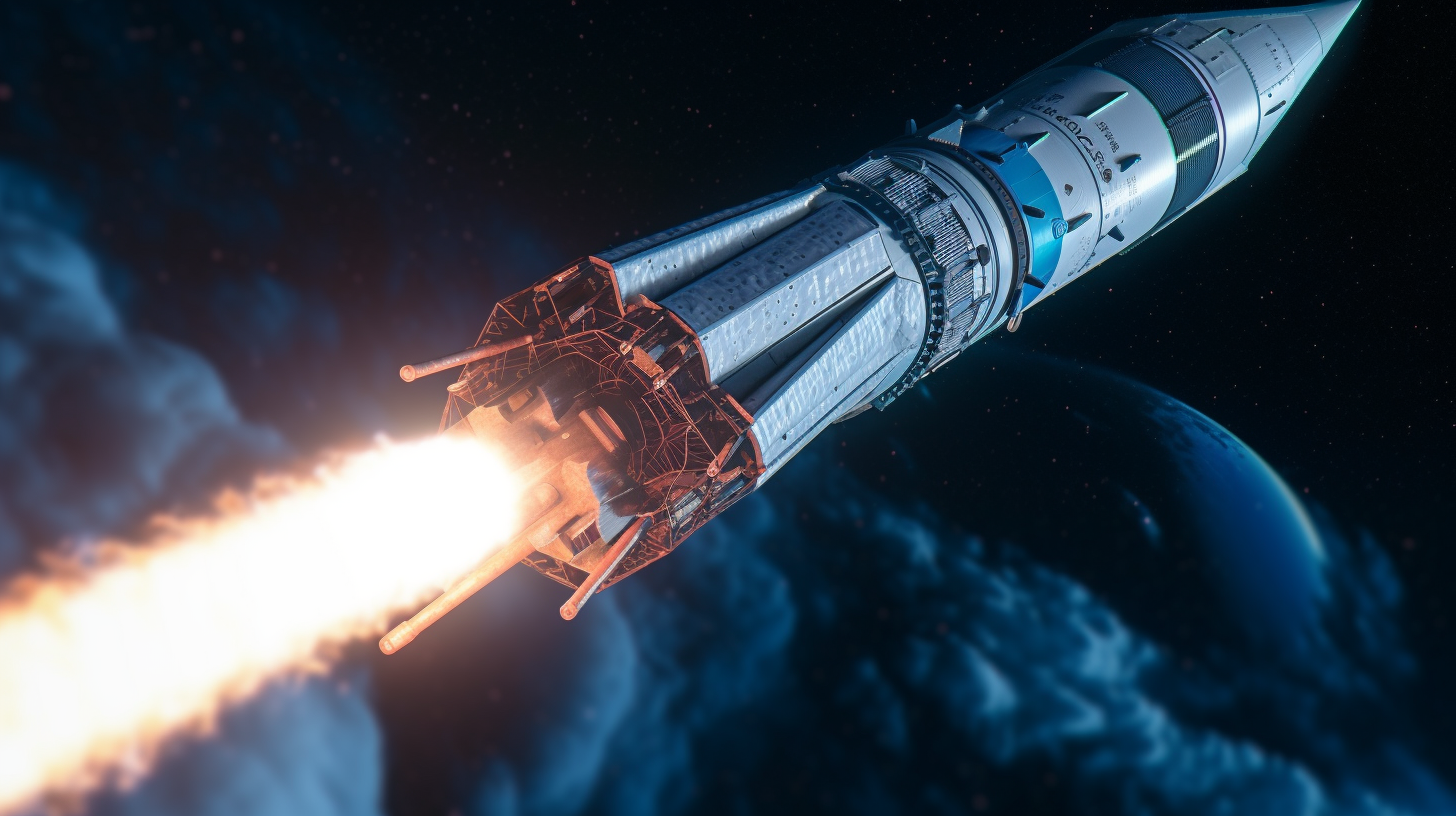 Wideshot of rocket launching, detailed features, global illumination.