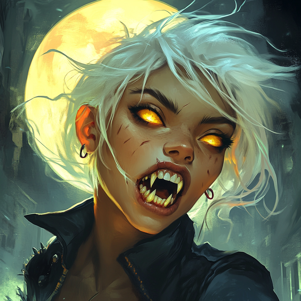 Wild-haired girl with sharp teeth under moonlight