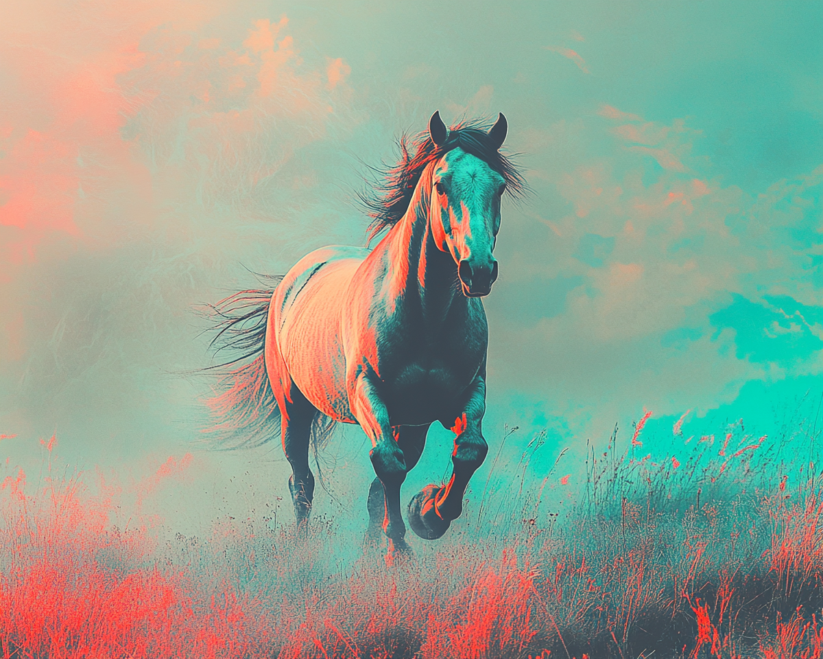 Wild horse runs on grassy hill with flowing mane.