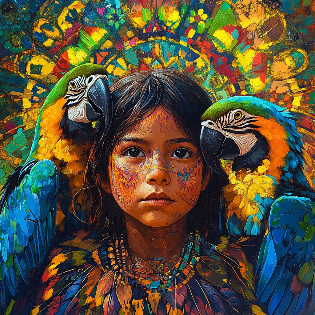 Wild indigenous child, macaws and mandalas in oil painting.