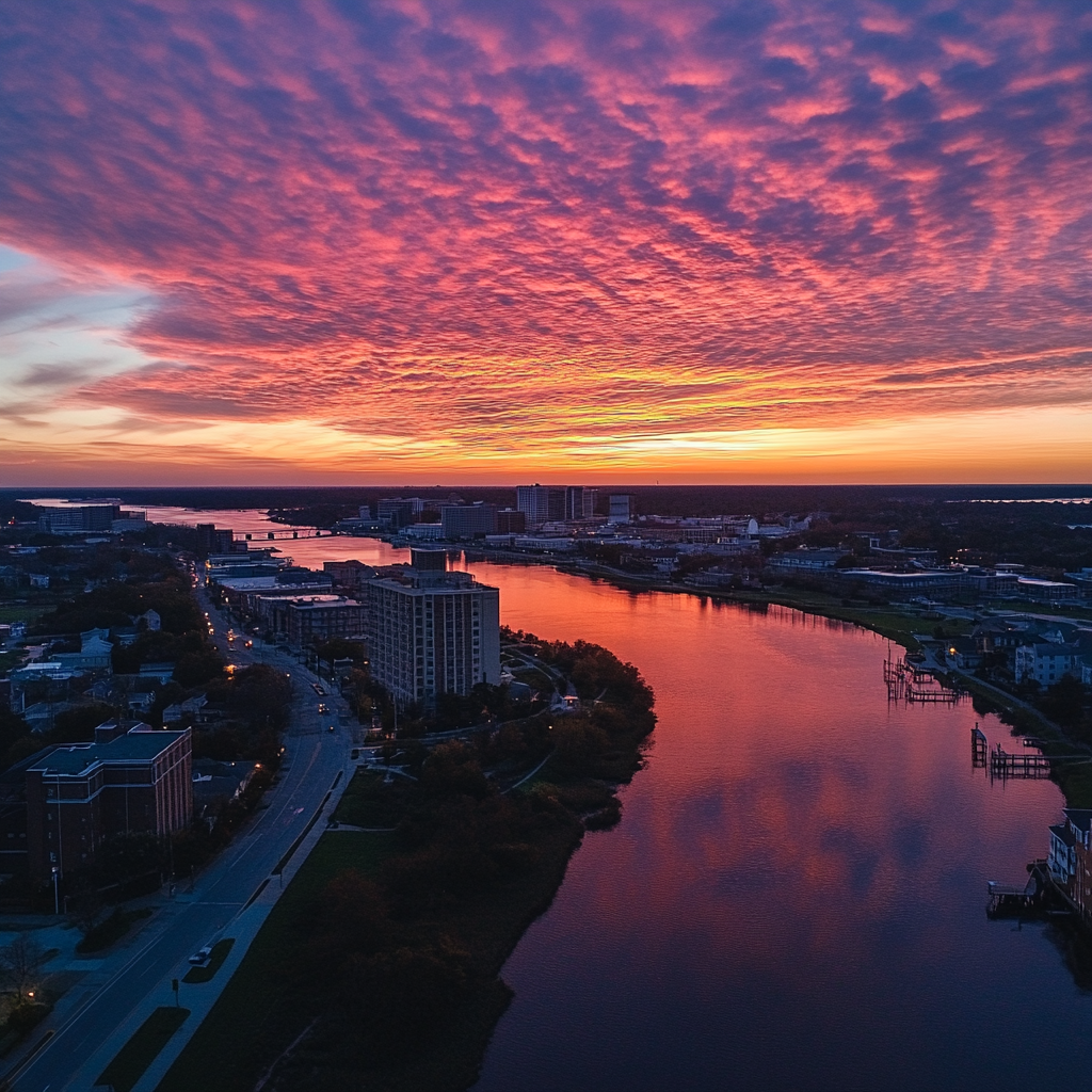 Wilmington skyline during sunset, warm colors, vibrant Instagram photo.