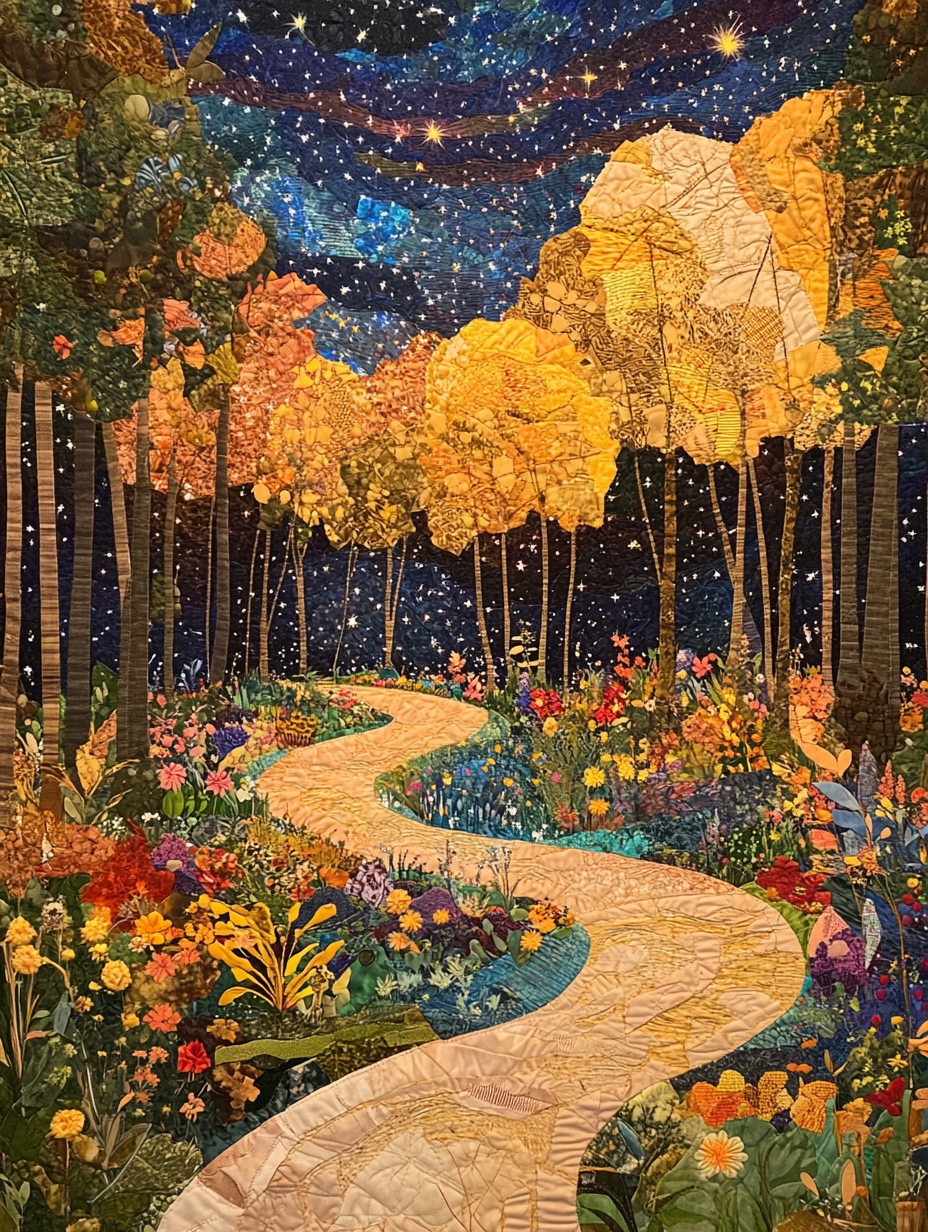 Winding Path through Woods with Stars and Flowers