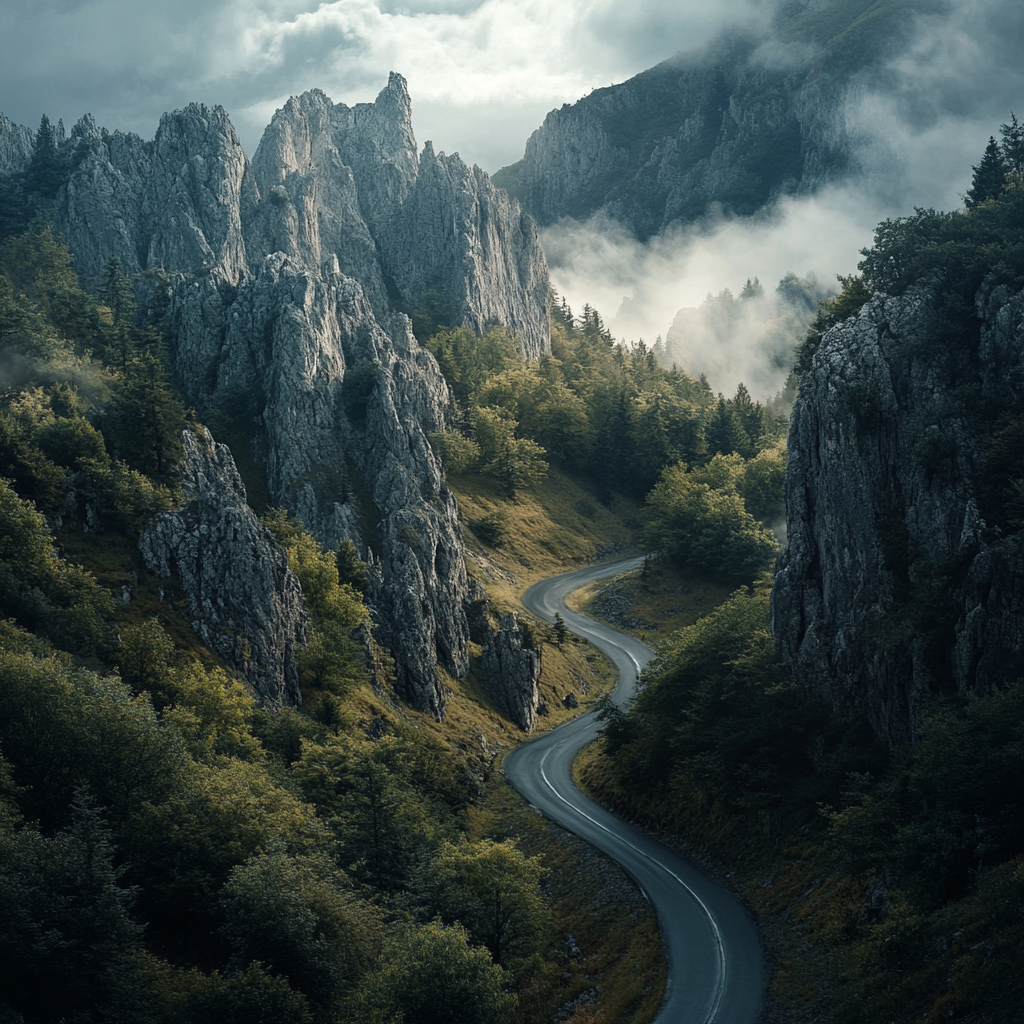 Winding mountain road cutting through steep rocky cliffs.