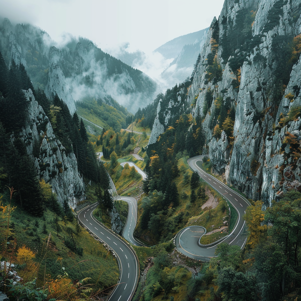 Winding mountain road through Transylvanian cliffs, misty peaks.