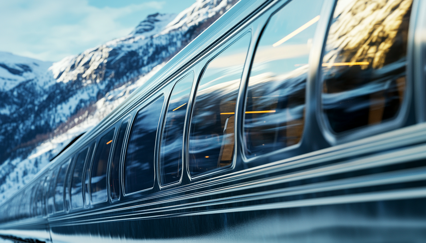 Windows of Speed Train Reflecting Norwegian Mountains, Close-up