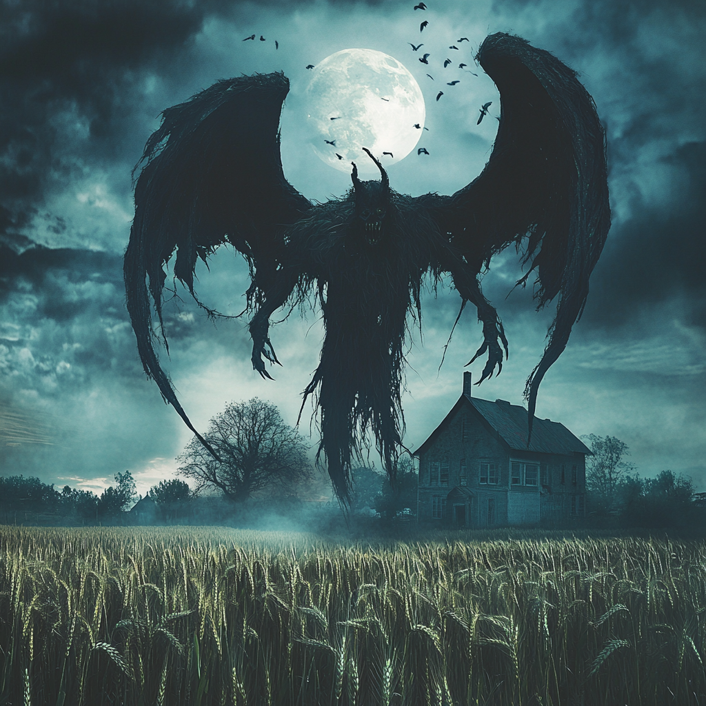 Winged Demon Scarecrow Flies Over Wheat Farm at Night