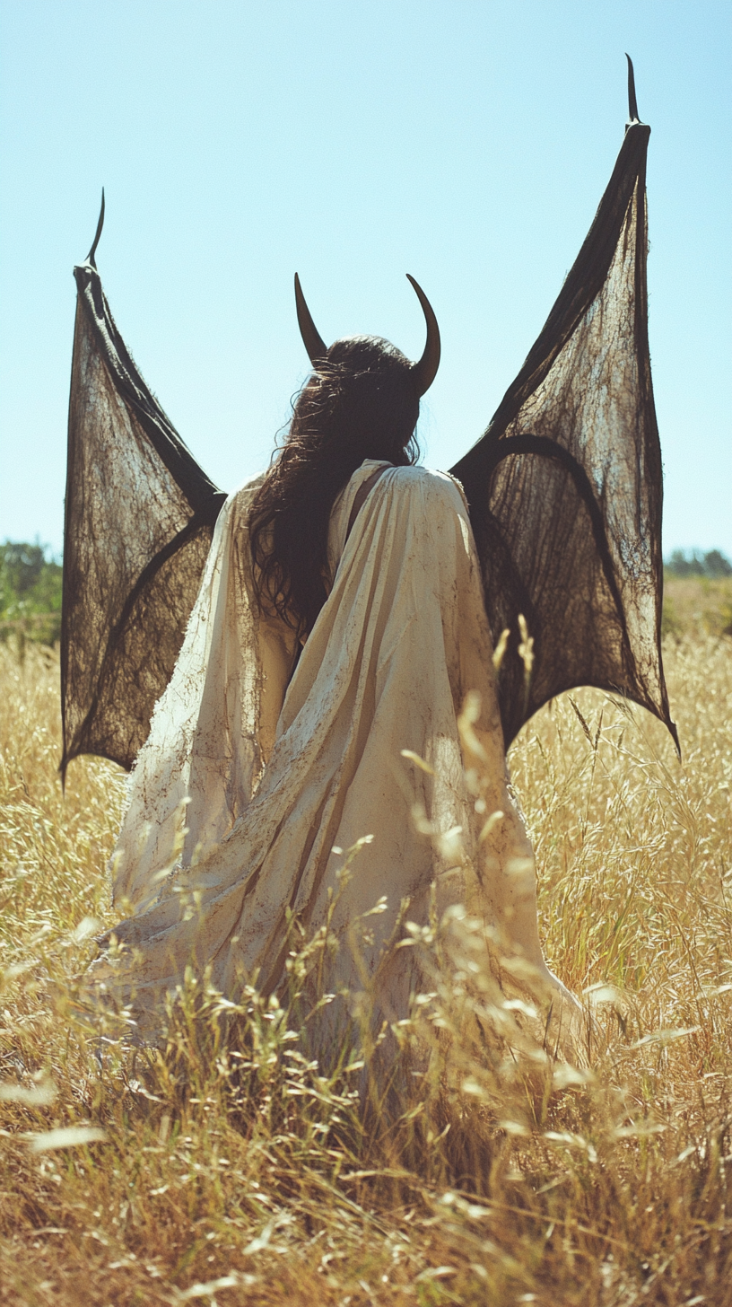 Winged woman with horn in shabby white clothes. Sky.