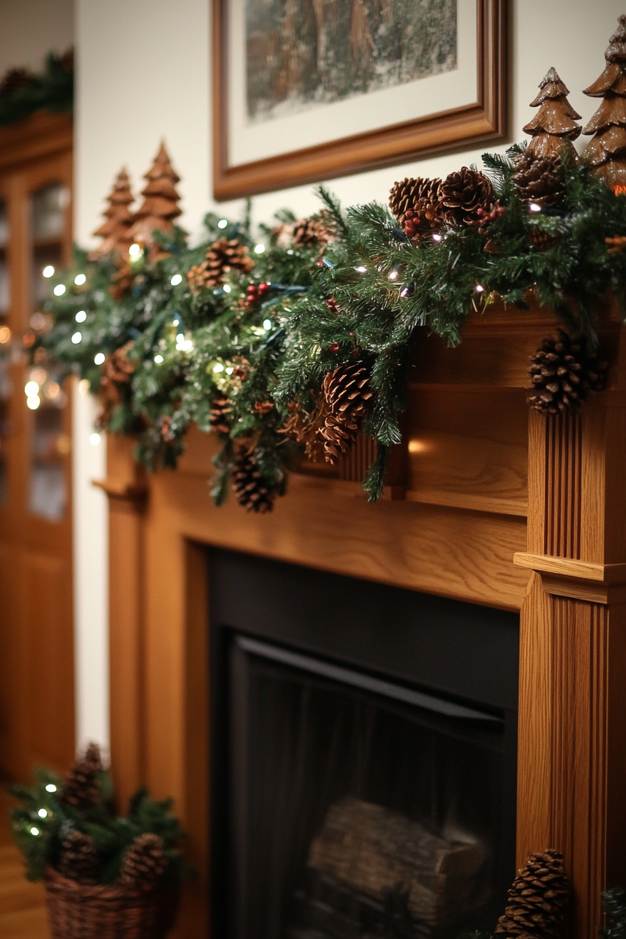 Winter Fireplace Decor with Green Garland and Lights