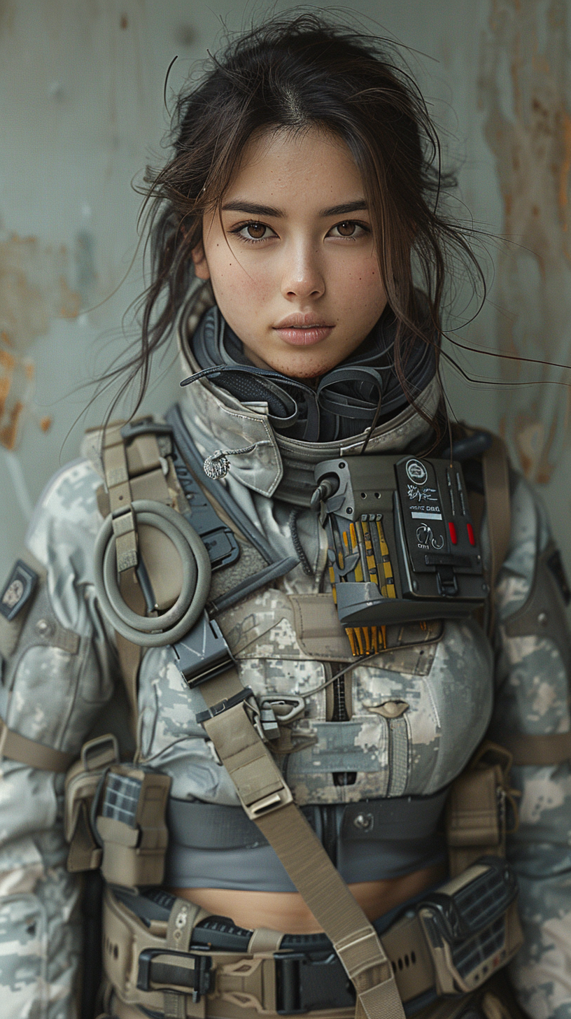 Winter Soldier in female style, girl with short black hair, full body shot from top to bottom wearing grey and white camouflage plate carrier vest, holding auto-rifle with grenade launcher attached.