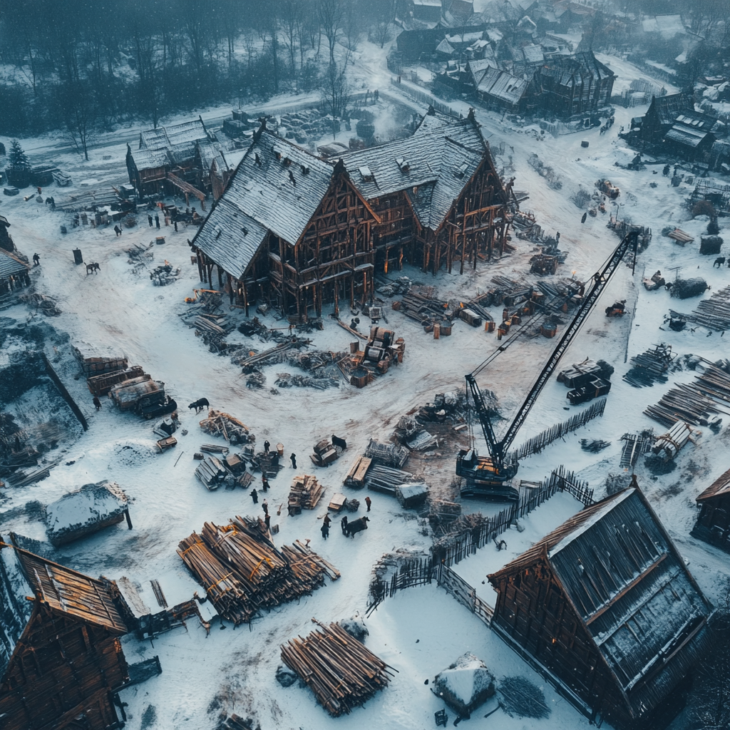 Winter Viking Hall surrounded by construction site