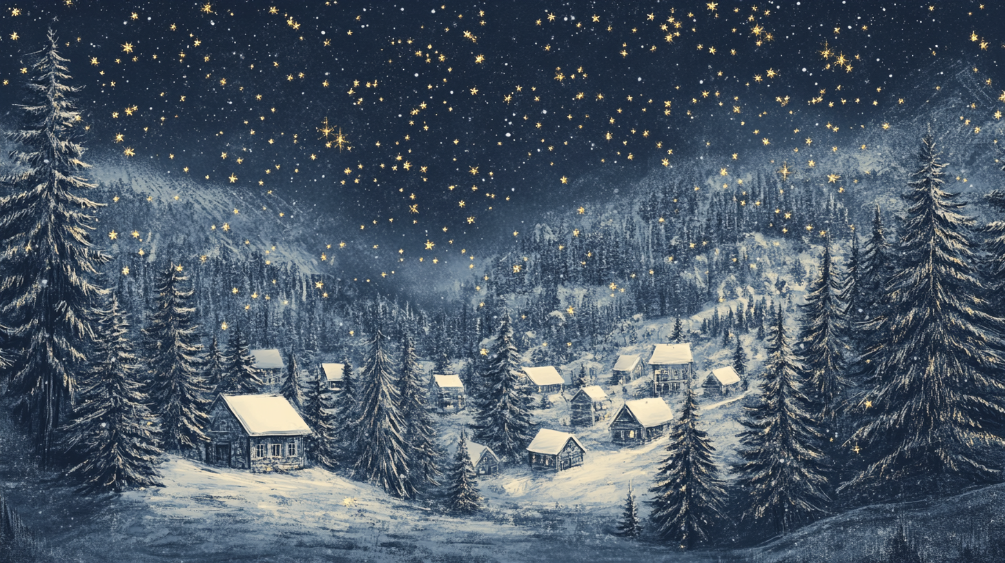 Winter Village with Snowy Pine Trees and Stars