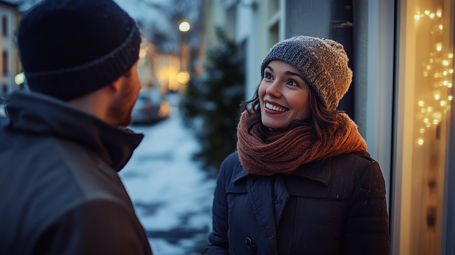 Winter chat: Woman and man discuss sidewalk evening.