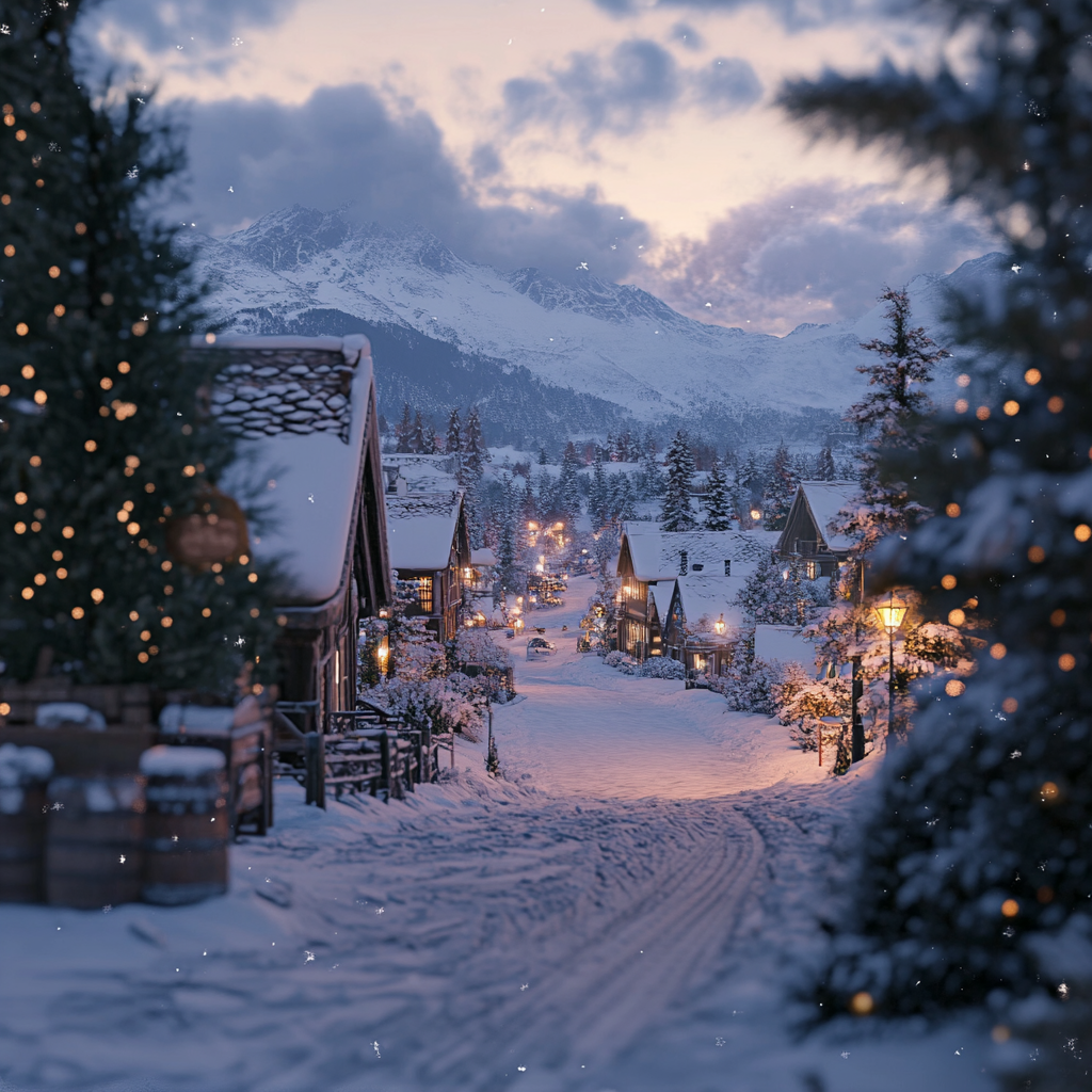 Winter fairy tale village at dusk with snowy streets