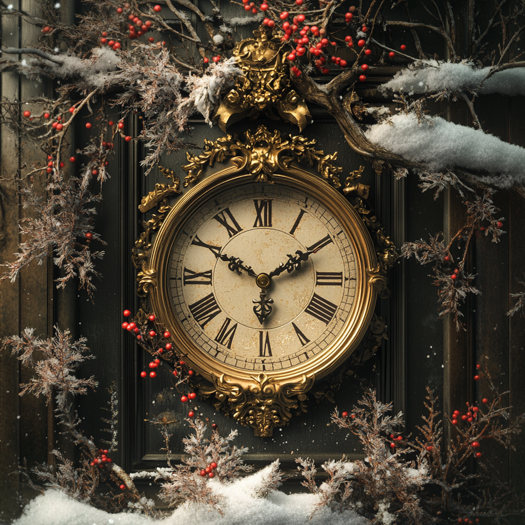 Winter scene with vintage clock and snowflakes