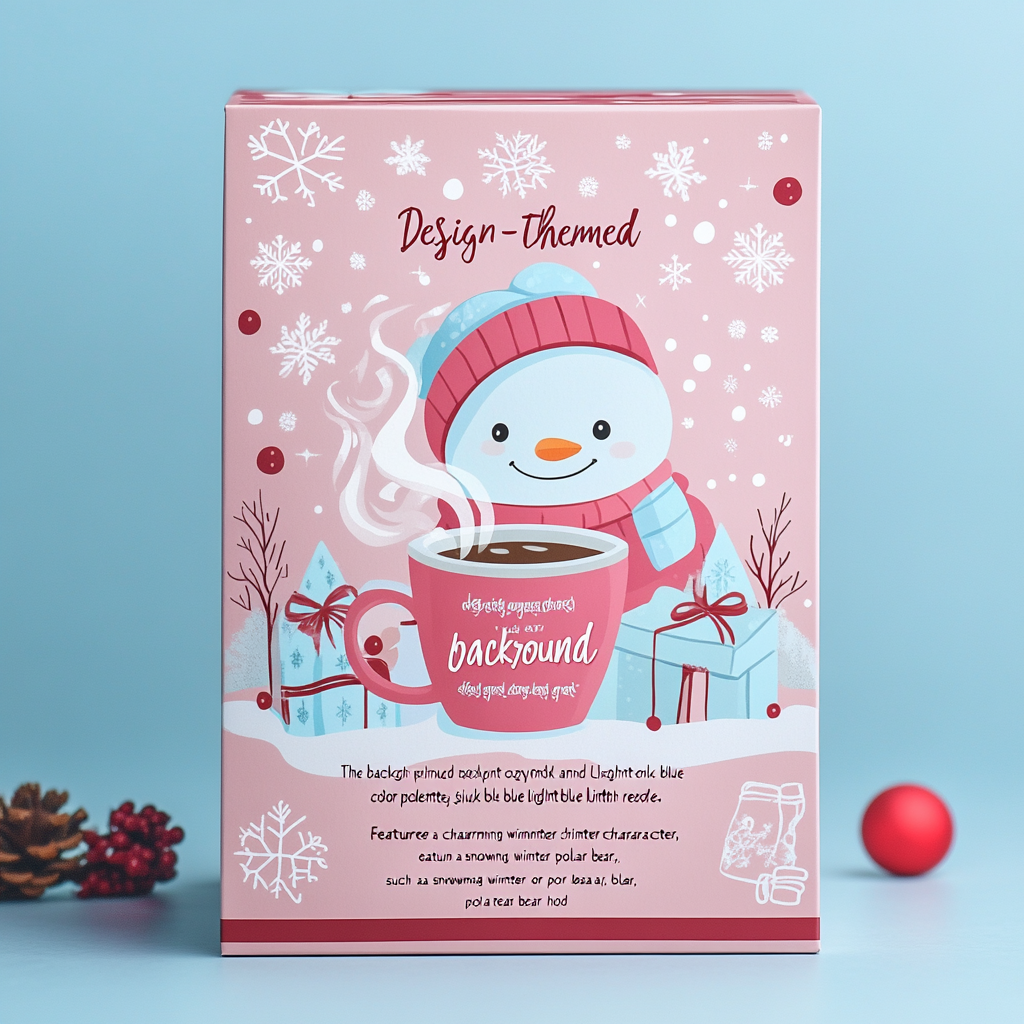 Winter-themed packaging box with snowman holding hot chocolate.