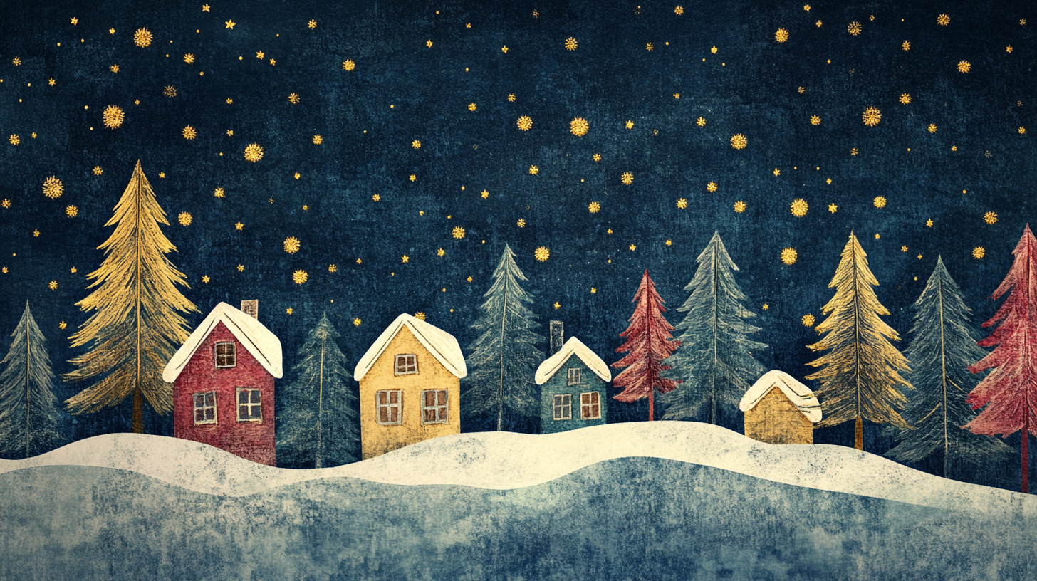 Winter village with snow, trees, stars in navy.