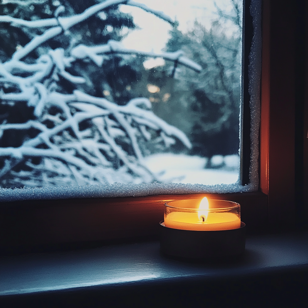 Winter window with snow, candle warmth inside