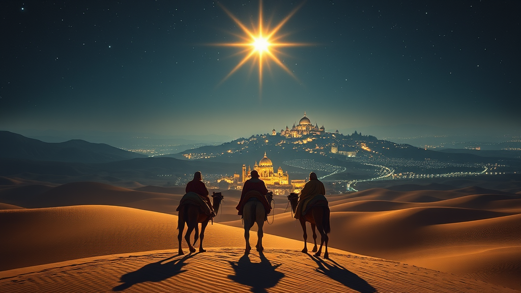Wise Men Approaching Bethlehem under Bright Star