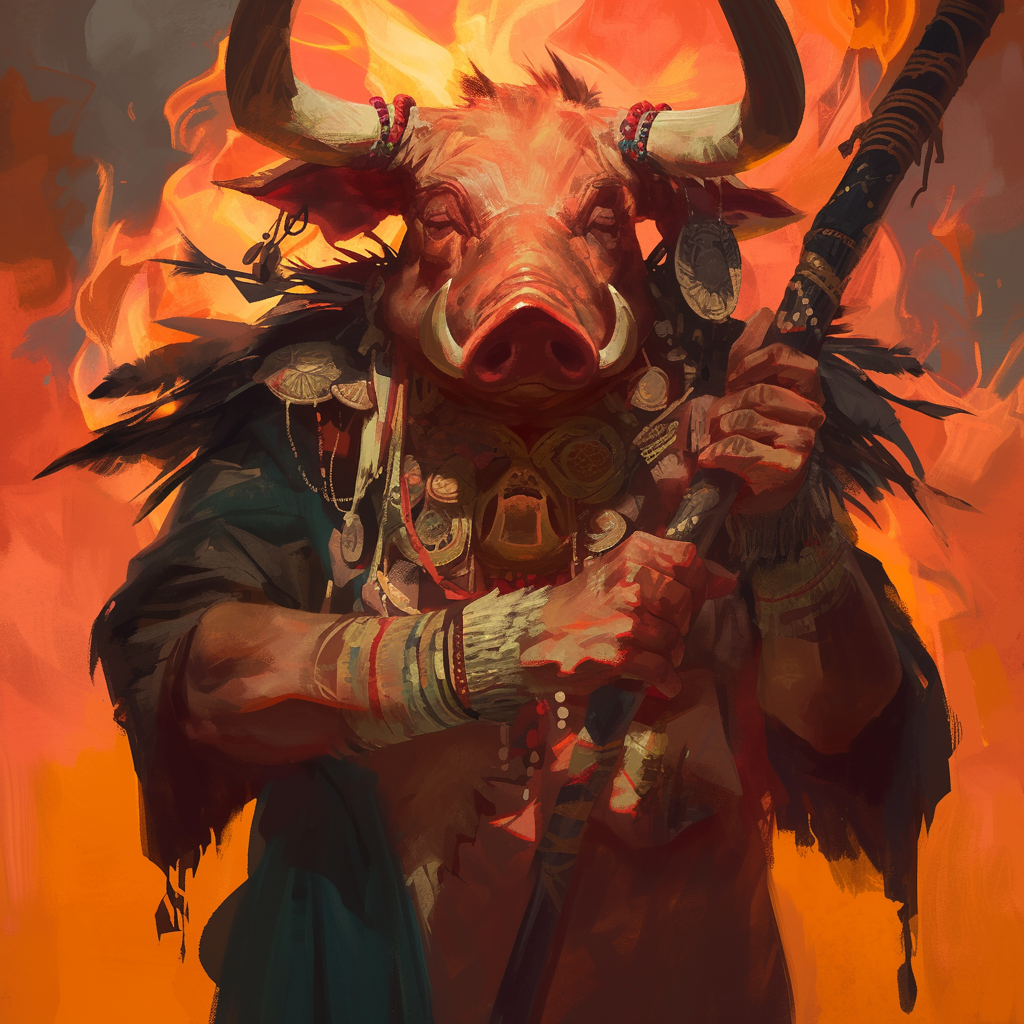 Wise pig shaman with voodoo items