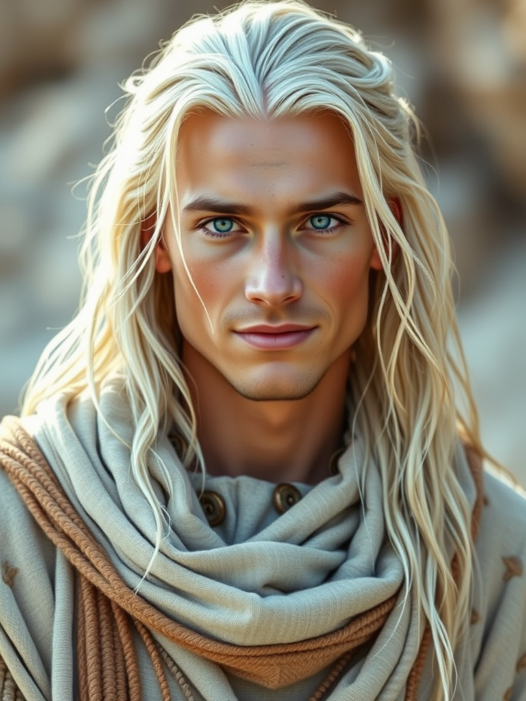Wise Young Man with Ethereal Aura in Tribal Attire