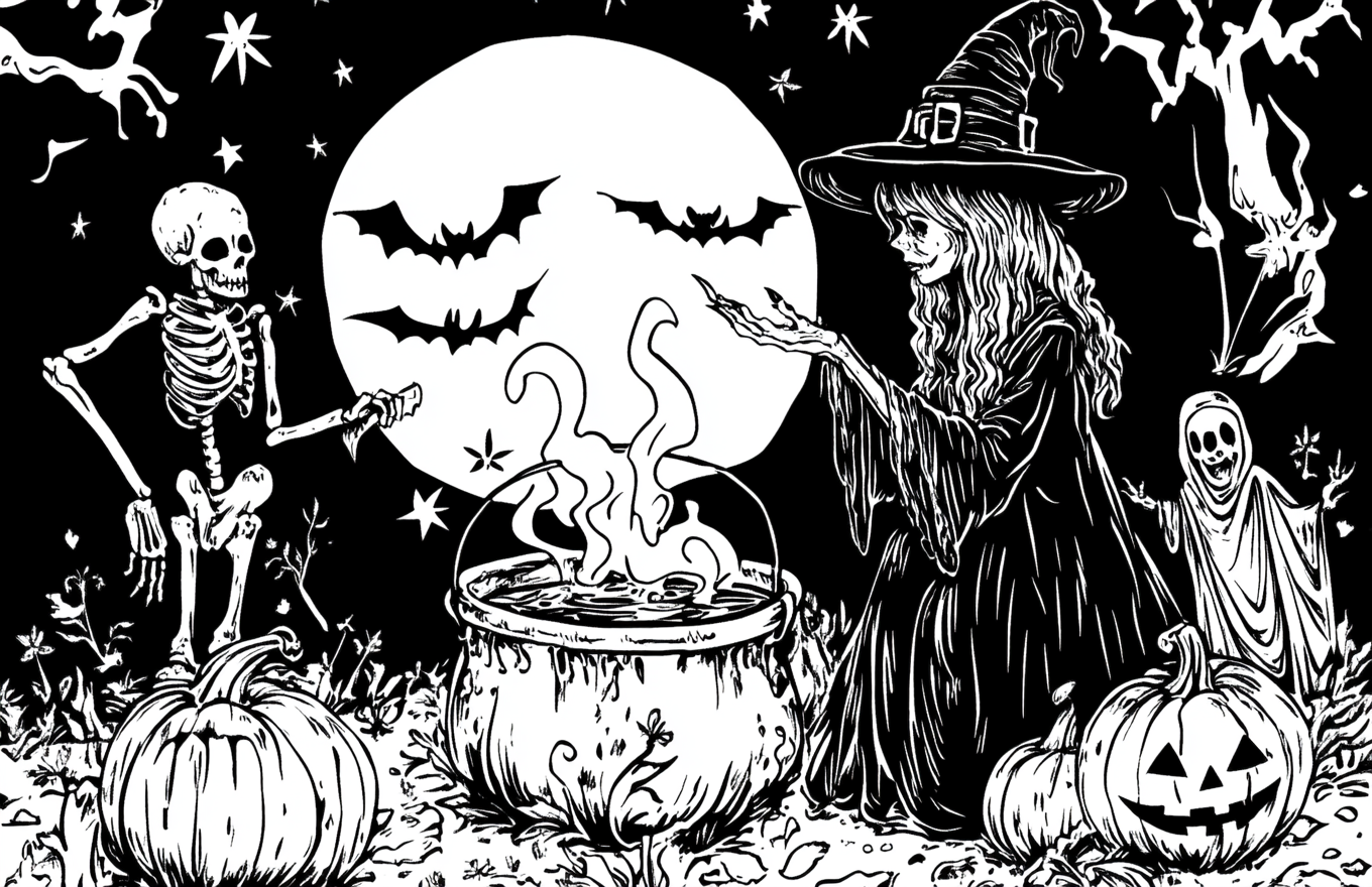 Witch at cauldron, skeletons, pumpkins, webs, mummies, gothic.