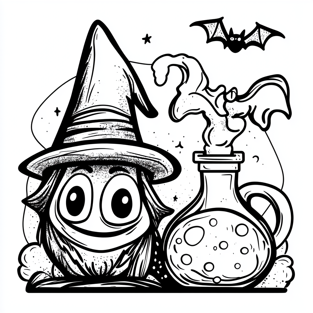 Witch face with hat, potion bottle, flying bat outlines.