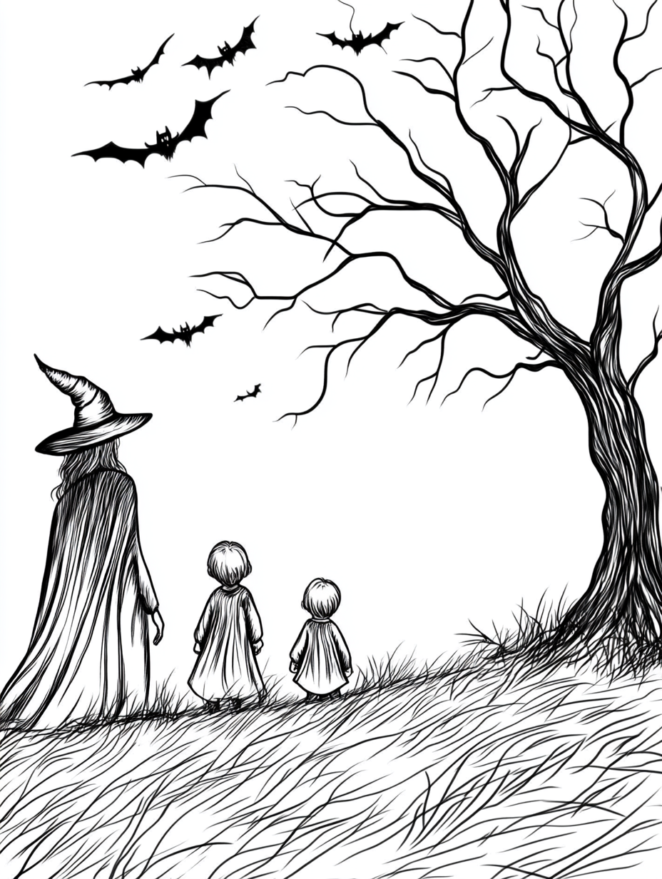 Witch following children trick or treating with bats, tree.