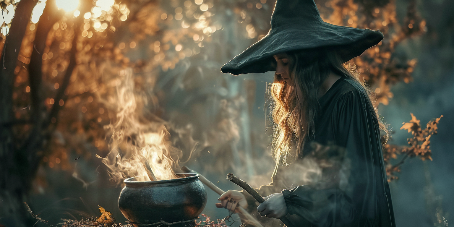 Witch holding broom in front of cauldron, hyper-realistic.