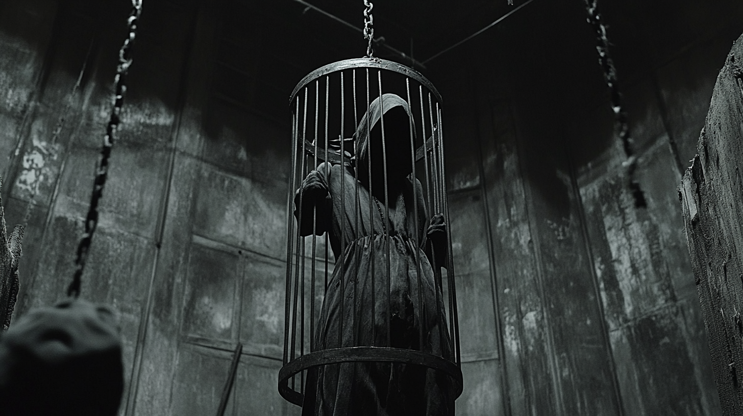 Witch in Steel Cage Begging for Mercy, Documentary Photo