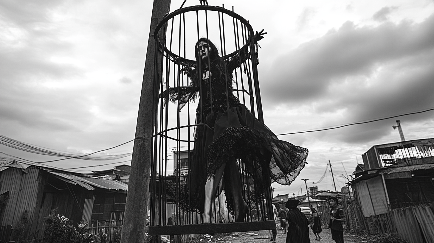 Witch in Steel Cage at Crossroad, Documentary Photo