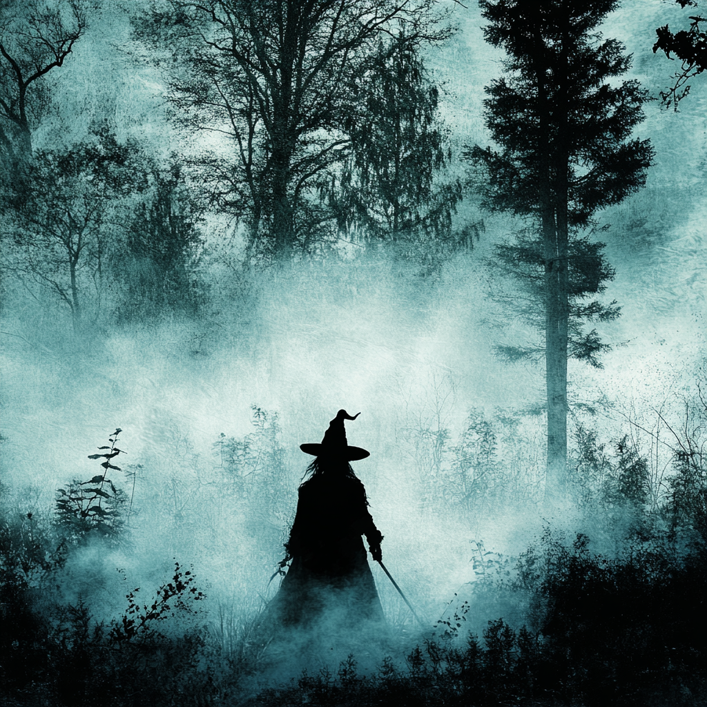 Witch in foggy swamp with spooky trees, high contrast.