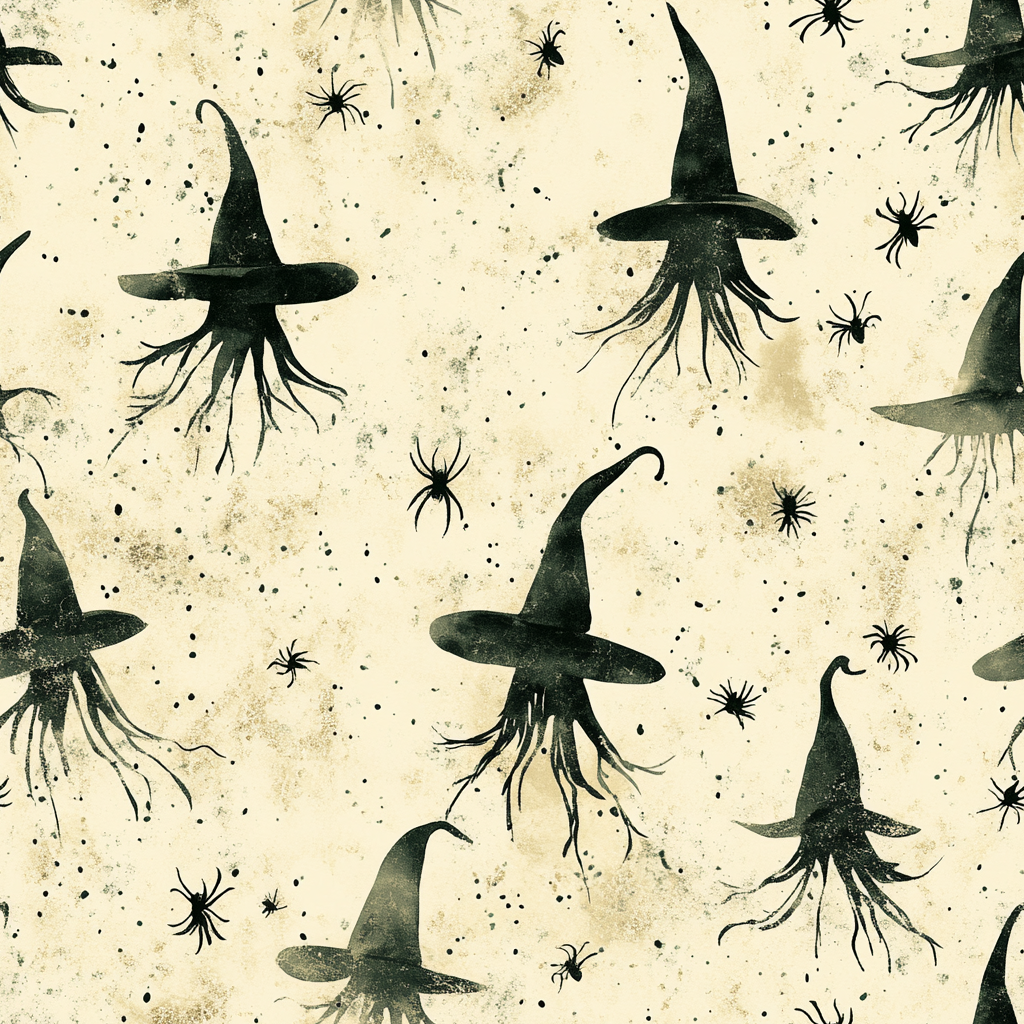 Witch pattern with hat and spiders in watercolor.