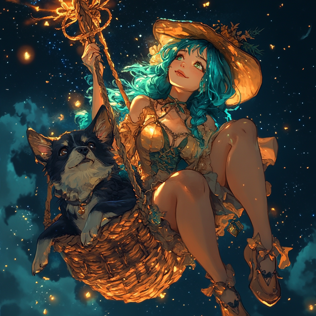 Witch with Teal Hair Flying on Broomstick