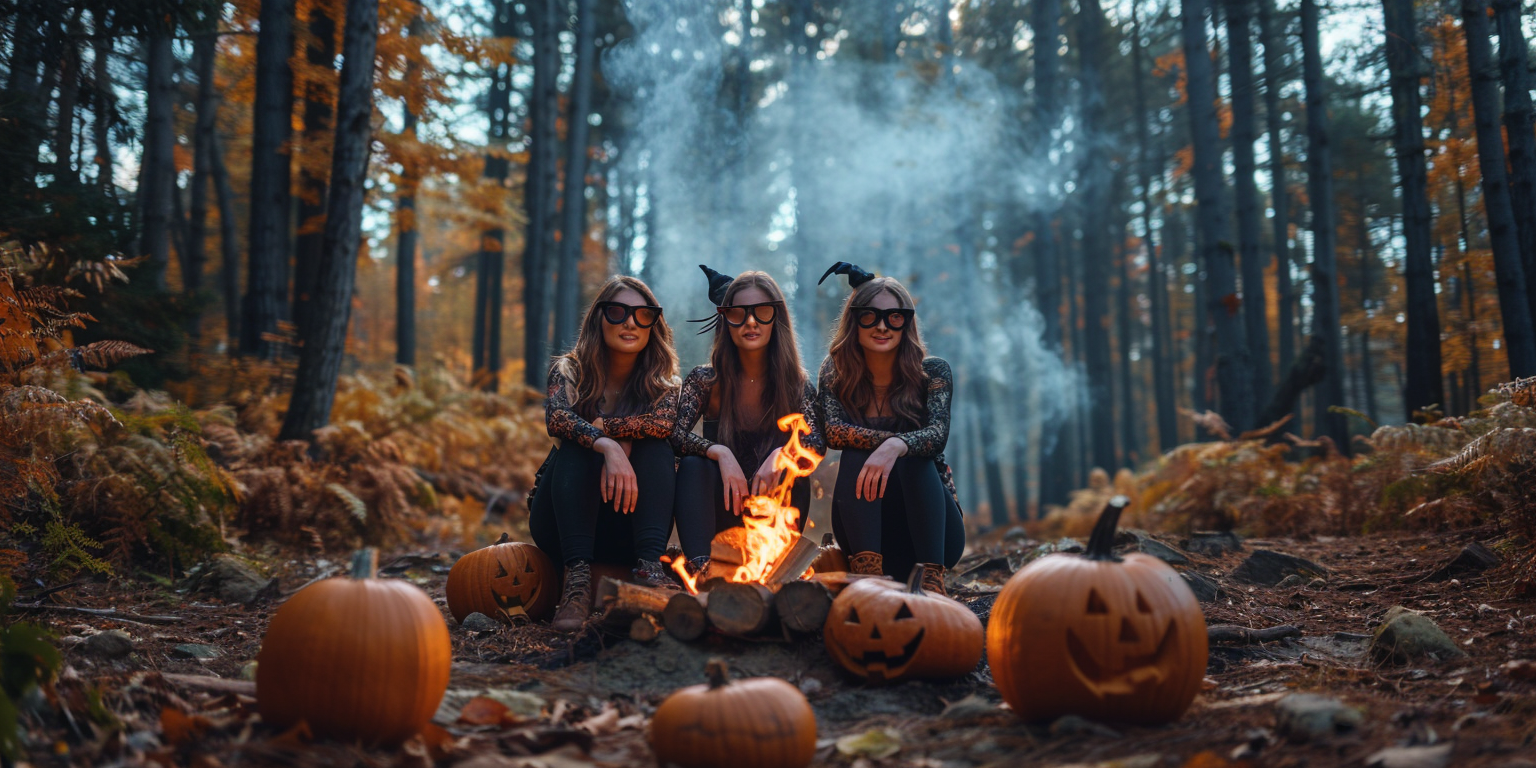 Witches' Shades Campfire Gathering in Autumn Forest 