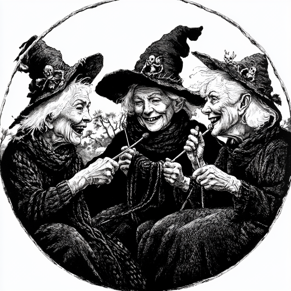 Witches knitting black scarf in circular frame