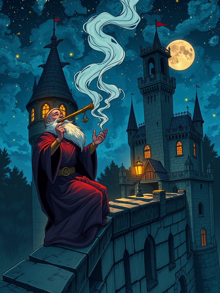 Wizard Smoking on Castle Wall Under Starry Night