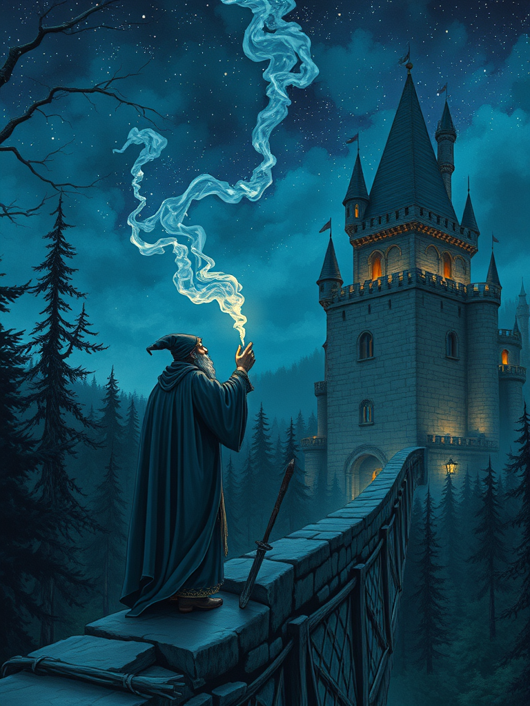 Wizard Smoking on Castle Wall: Retro Fantasy Comic