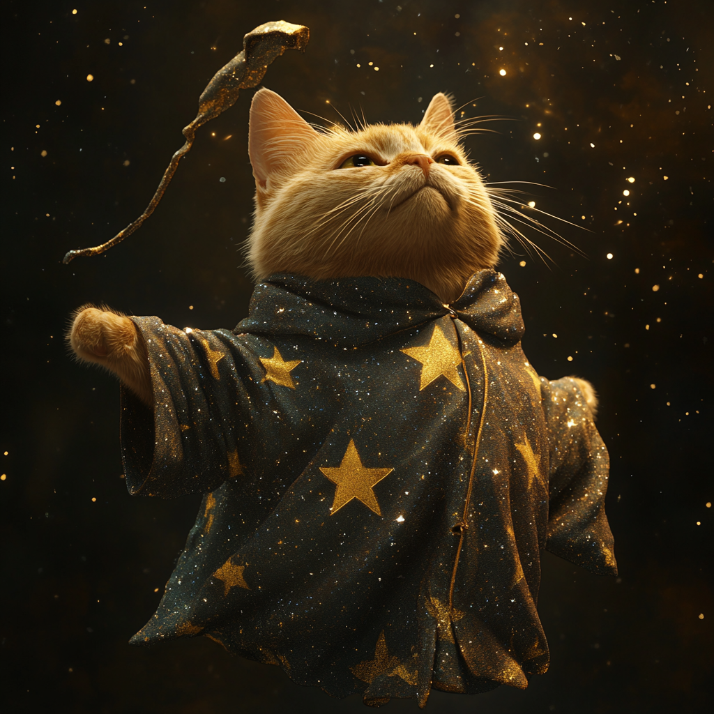 Wizard cat in starry robe floats whimsically.