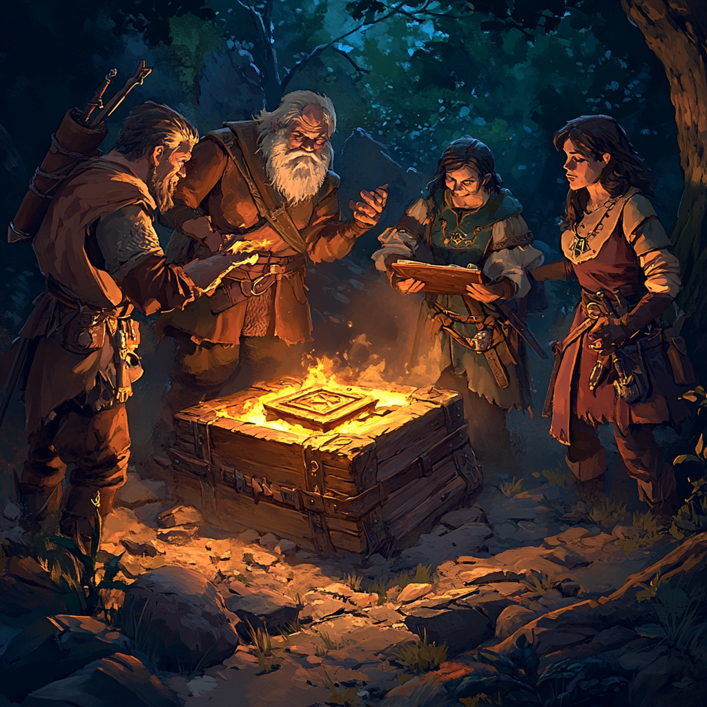 Wizard examining tablet with torch, adventurers around broken chest.