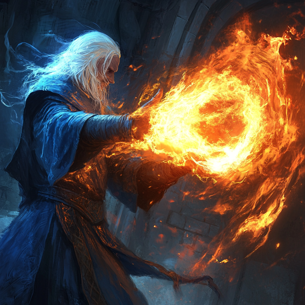 Wizard in blue robes casting fire magic on humanoid.