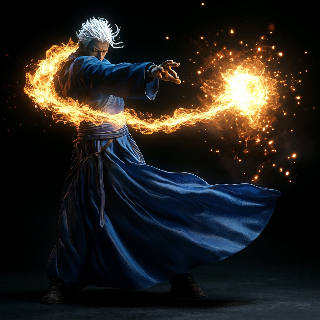 Wizard in blue robes with white hair casting fire.