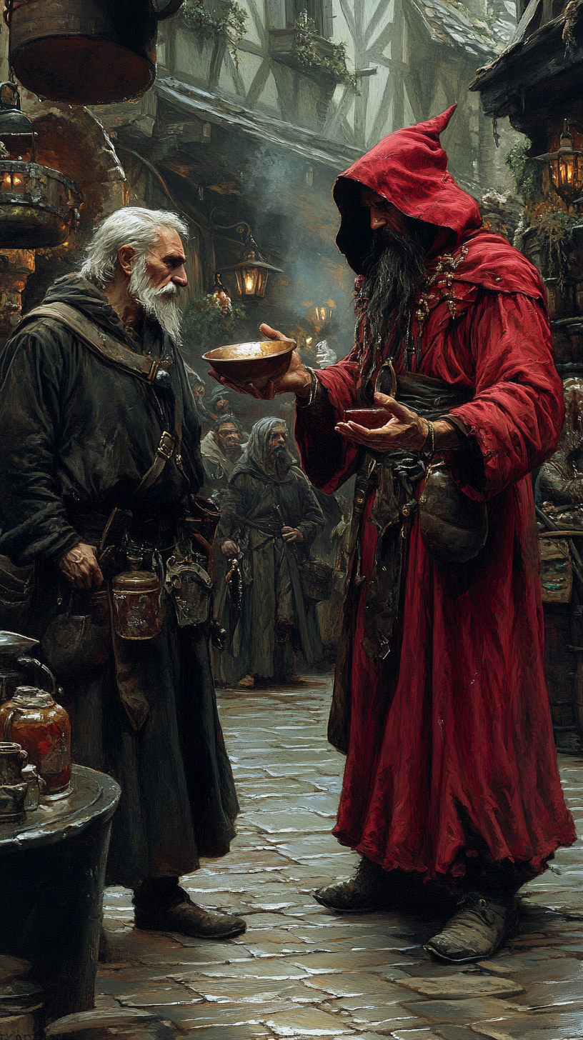 Wizard offering potion to debt collector in marketplace.