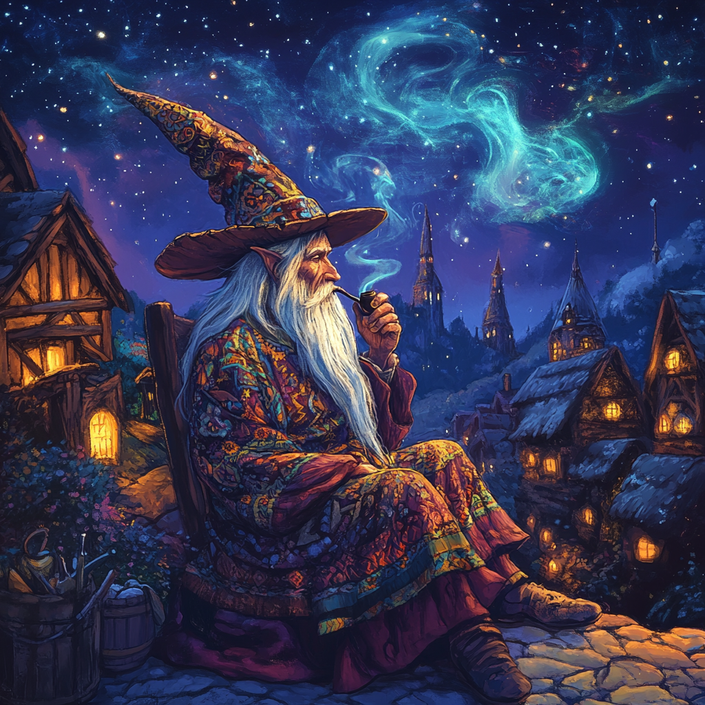 Wizard smoking pipe in medieval village at night.