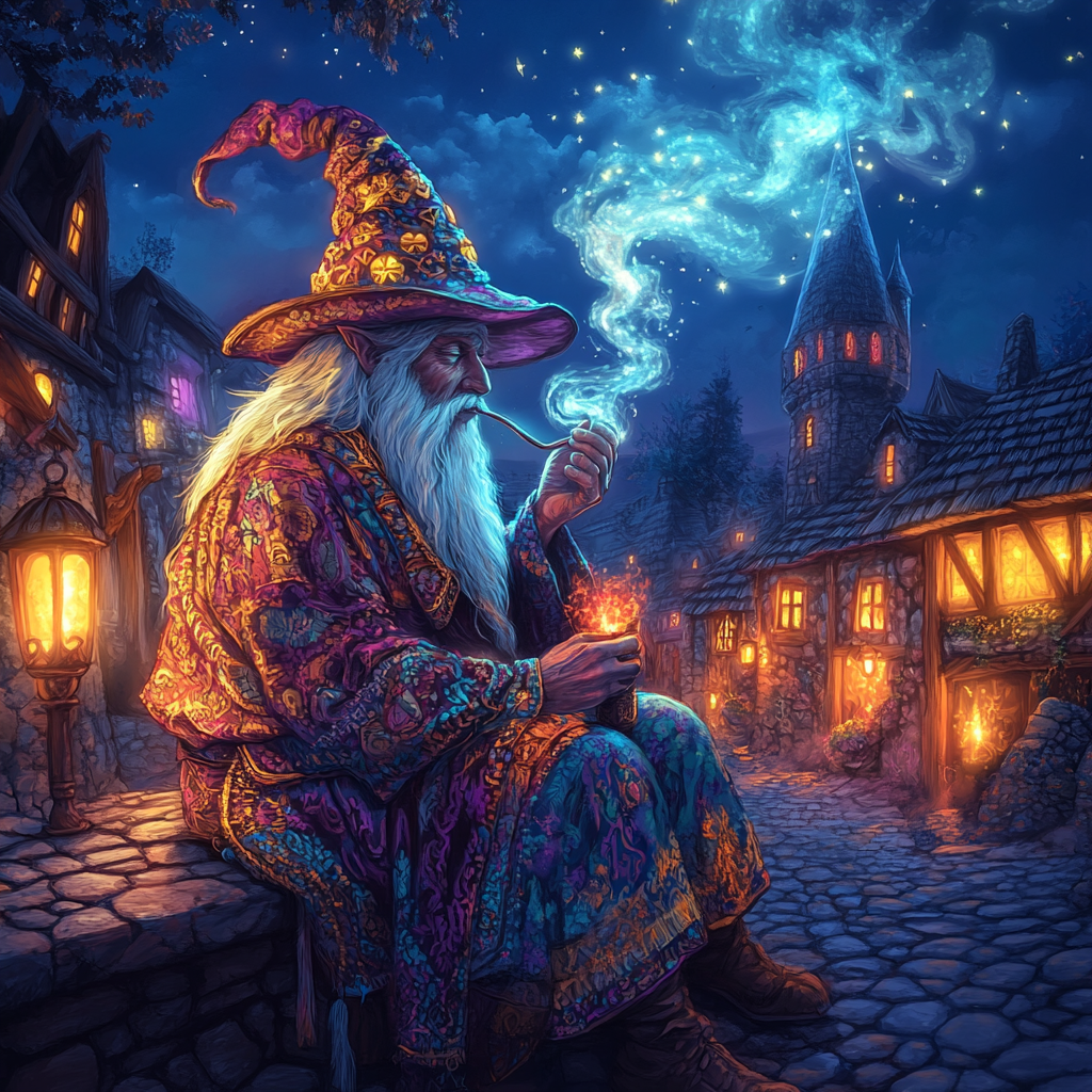 Wizard smoking pipe on stone bench in village at night.